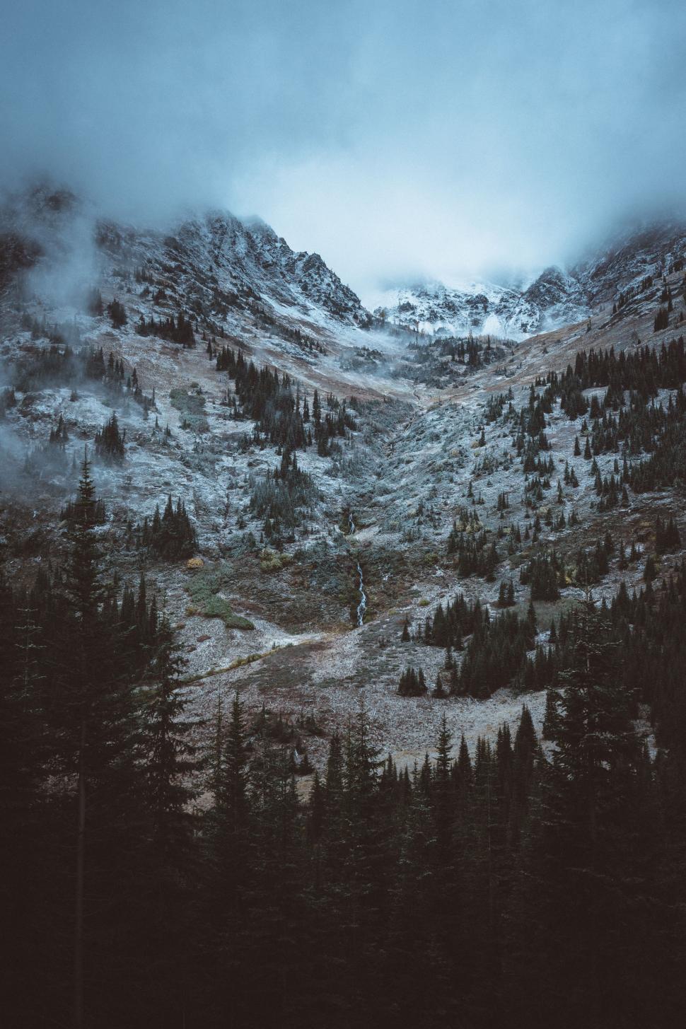 Free Image of Snow-Covered Mountain and Trees Under Cloudy Sky 