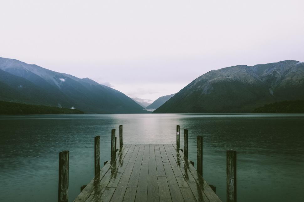 Free Image of Dock on Lake With Mountains in Background 