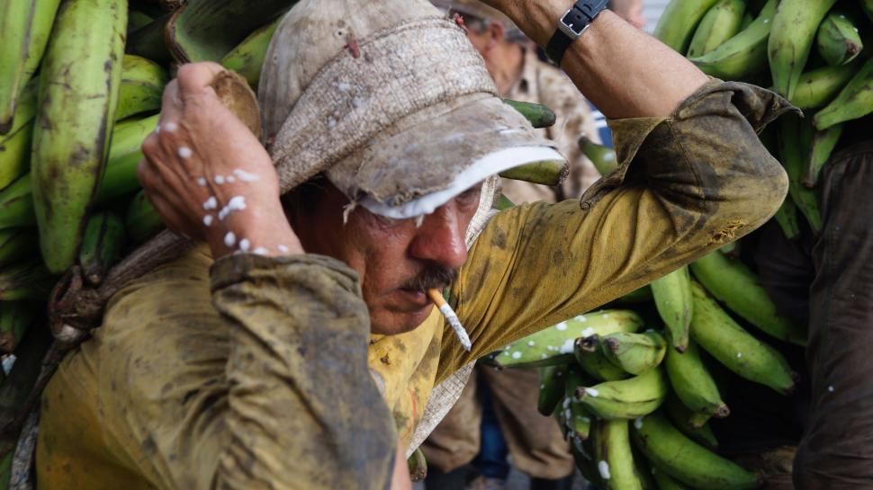 Free Image of Man Standing Next to a Bunch of Green Bananas 
