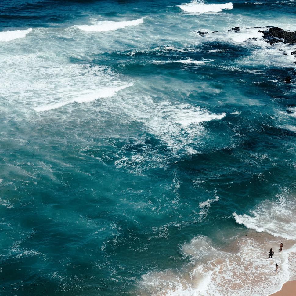 Free Image of Group of People Standing on Top of a Beach by the Ocean 